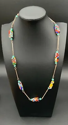 VINTAGE VENETIAN MURANO MILLEFIORI GLASS BEADED Silver Toned 25.95  NECKLACE • $22.96