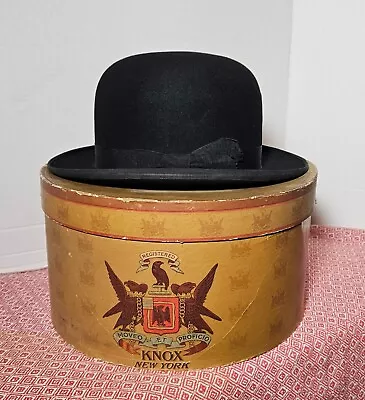 Vtg 1920s John B. Stetson Black Felt Derby Bowler Hat & Knox The Hatter Hat Box • $85