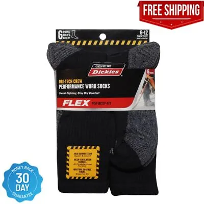 6 Pack Genuine Dickies Mens Dritech Crew Socks Moisture Control Black Size 6-12 • $18.53