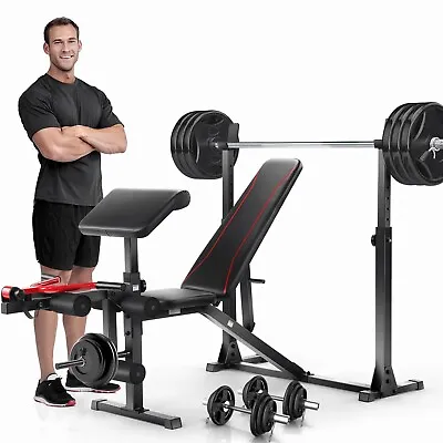 Adjustable 900LBS Olympic Weight Bench Set With Barbell Rack &Preacher Curl HOT~ • $168.99