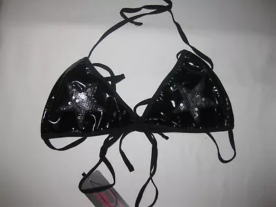 Romwe Sequin Star Graphic Faux Patent Leather String Tie Bralette XS Black Nwt • $14