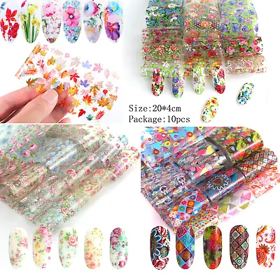 10Pcs Nail Art Foil Stickers Flower Pattern Transfer Decals Decoration Tips NS46 • $2.95