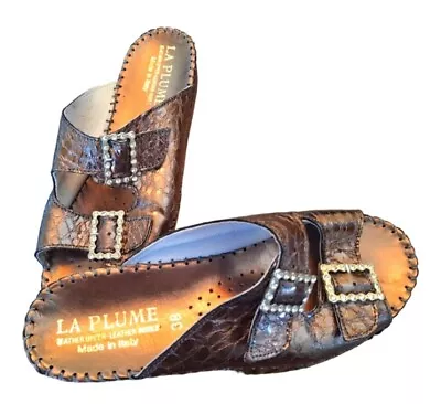 La Plume Sandals Jen Made In Italy Bronze Leather Wedge Slip On Rhinestone 8 • $29