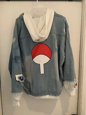 Anime Uchiha Denim Hoodie Ripped Jean Jacket Coat Size XXL • $37.92