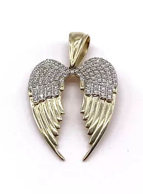 9ct Gold Angel Wings Large Heavy Cz Pendant Fully Hallmarked + Optional Chain • £284.33