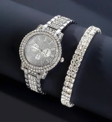 £10.99 • Buy Watch Gift Set For Women Ladies Silver WATCH + BRACELET  Rhinestone Top Quality