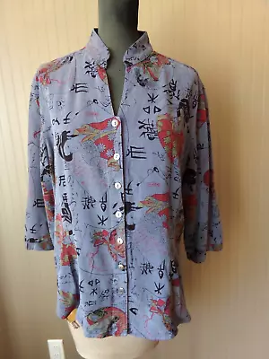 TIANELLO Blue Asian Print Dynasty Blouse Tencel Rayon Size Large • $9.99