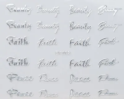 Silver Metallic Beauty Faith Peace Word Writing 3D Nail Art Stickers Decals • $2.83