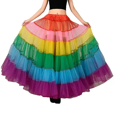 Multicolored Rainbow A-Line Maxi Tutu Skirt Pleated Floor Length Mesh Petticoat • £21.36
