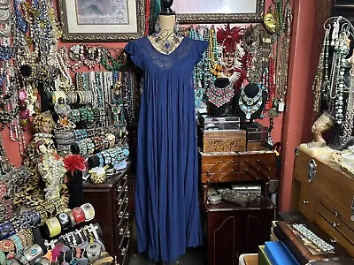 Beautiful Vintage Navy Blue Crochet Mexican Maxi Peasant Dress Gauze Boho S-XXL • $95