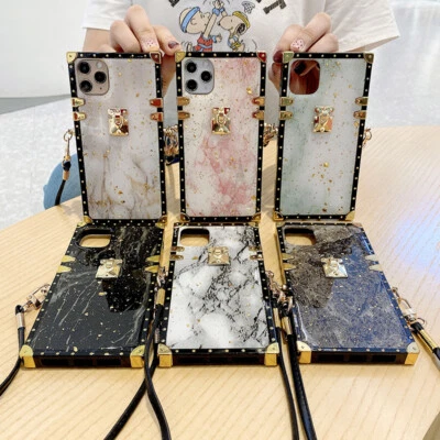 $16.55 • Buy For IPhone 14 13 12 11 Pro Max Epoxy Marble Pattern Metal Square Crossbody Case