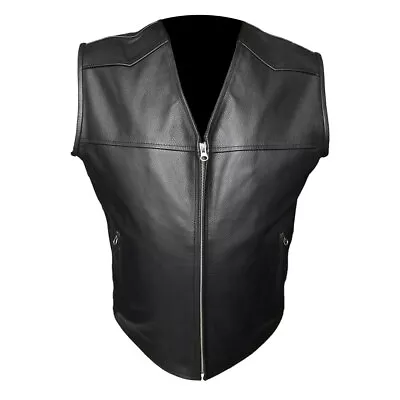 Mens Biker Style Vest Waistcoat Real Cow Leather Black Motorcycle • £64.99