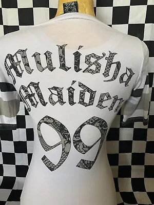New METAL MULISHA MAIDEN White V NECK FOOTBALL T-shirt Black LACE Print Top XS • $26.24