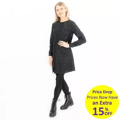 Womens Black Top Long Sleeve Check Longline Tunic Loose Casual Relaxed Squares • £21.21