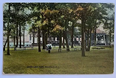 NJ Postcard Millville New Jersey Union Lake Park Benches Pavilion Sitting Man • $5.99