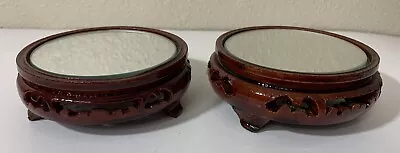 VINTAGE Lot Of 2 Chinese Round Carved Wood Mirror Tea Lamp Displays Stand Base • $21.75