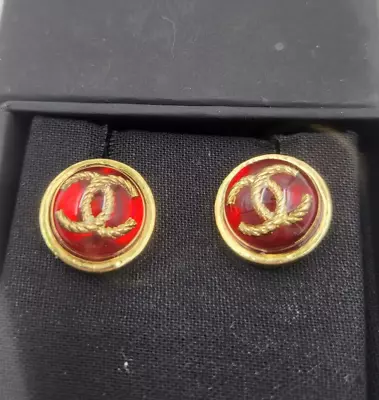 $232.50 • Buy Authentic CHANEL 2022 GOLD Red Enamel Gripoix Studs Earrings