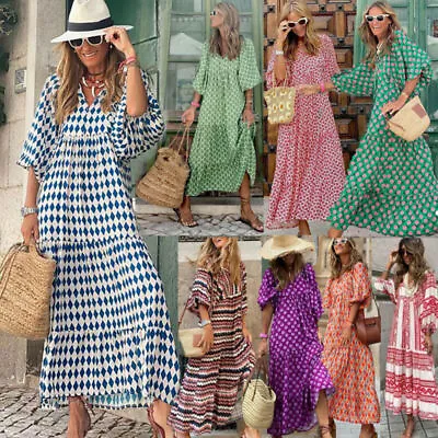 $9.29 • Buy Women Long Polka Dots Boho Floral Paisley Print Ladies Summer Holiday Maxi Dress