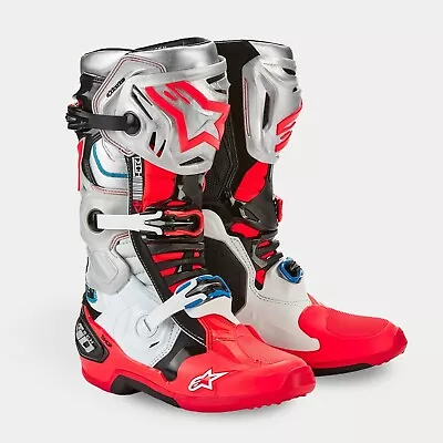 Boots Man Alpinestars Tech 10 Vision Silver Red Black Cross Enduro MX Boots • $541.14