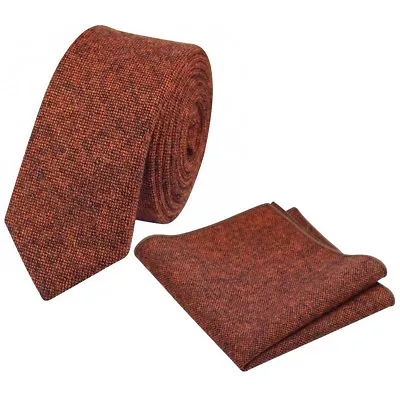 £22 • Buy New Rusty Brown / Burnt Orange Skinny Tweed Wool Tie & Pocket Square Set. UK.