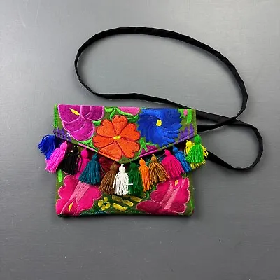 Mexican Embroidered Clutch Bag With Tassels Handmade Colorful Oaxaca • $14.99