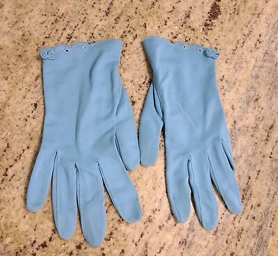 Vintage Size M L B Blue Nylon Stretch Formal 8.5  Gloves Scallop Eyelet Bow • $9.99