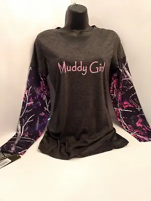 Muddy Girl Designs V-Neck Heather Gray Long Sleeve Shirt Pink Camo Sleeves Small • $14.99