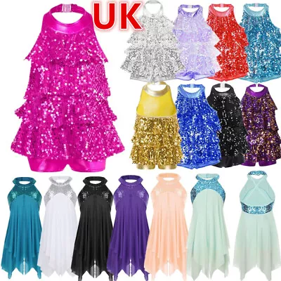 UK Children Girls Sequins Halter Neck Unitard Dress Jazz Modern Dance Dancewear • £18.32