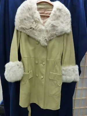 Vintage Creme Leather Mid-length Coat Fur Fox? Collar & Cuffs Belt Size 8 Lined • $35.99