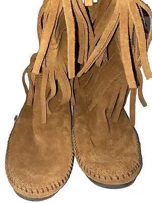 Minnetonka  #1632 Womens Size 8 M Brown Suede Fringe Mid Calf PULL ON Boots Fun • $34.99