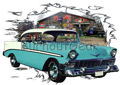 1956 Blue Chevy Bel Air Custom Hot Rod Garage T-Shirt 56 Muscle Car Tee's • $19.99