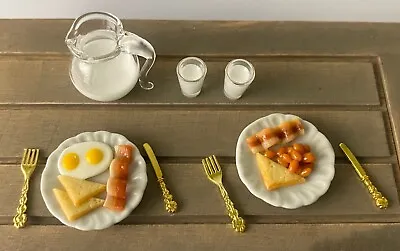 9 Pcs 1:12 Miniature Dollhouse Milk Glass Jar Breakfast Clay Egg Bacon Bread Set • $12.99