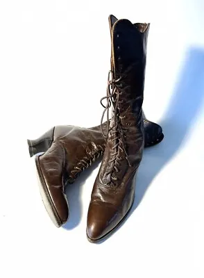 Antique Victorian Edwardian Womens Boots Brown Leather  Lace Up Museum Quality • $85