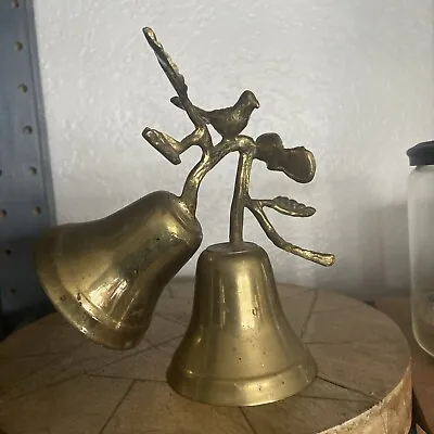 Vintage Brass Hand Double Bell With Birds And Leaves. Wedding Shower • $48