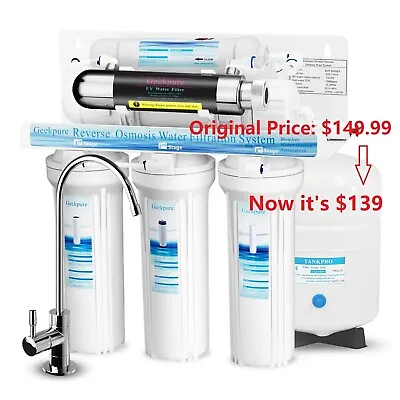 Geekpure 6 Stage Reverse Osmosis RO Water Filter System U-V Filter 75 GPD Used • $139