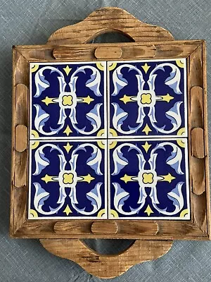 Mexican 4 Tile Tray Ceramic Trivet Folk Art Wood Handles Carved Vintage 11x14.5  • $39.94