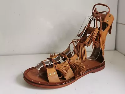 Zara Designer Uk 5 Eu 38 Womens Tan Brown Gladiator Leather Flat Summer Sandals • £18.99