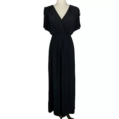 Soma Maxi Dress Women Size Small Black Jersey Knit Shoulder Ties Slit Sleeve • $24.65