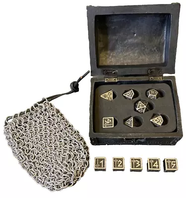 Q-Workshop Dwarven Metal Dice Set (12)- Display Case- Chainmail Carrying Pouch • $124.99