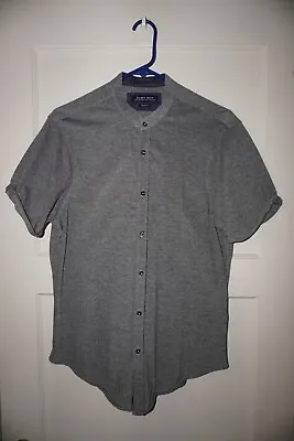 Zara Man Button Down Shirt Mens Sz M Gray Slim Fit Rolled Sleeve Mandarin Collar • $8