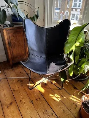 New Butterfly Chair Brown Wonderful Vintage Leather With Folding Iron Frame • $165