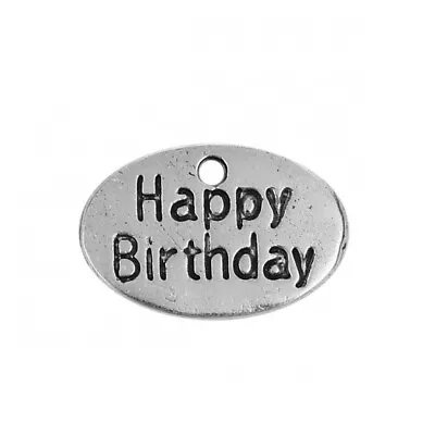 10 Oval Tag 'Happy Birthday' Charms - Silver Tone - 15mm X 10mm - J109616 • £4.19
