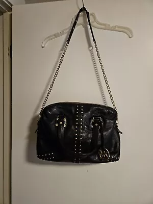 Vintage Michael Kors Uptown Astor ? Studded Black Leather Satchel Purse GoldTrim • $34.99