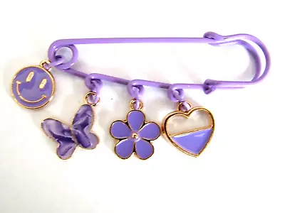 Lilac  Safetypin/kilt Brooch With 4 X Lilac Colour Theme Enamel Charms- New- • £2.99