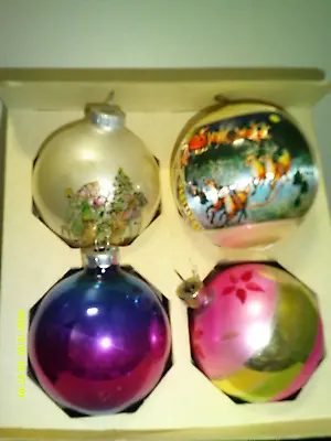 Shiny Bright Set Of 4 Ornaments Vintage Balls-Christmas Carol & 3 Colored • $14.99
