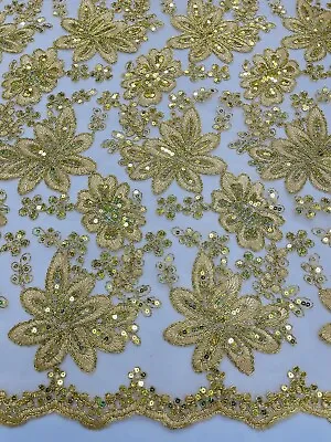 Metallic Floral Lace Fabric - Gold - Hologram Sequins Floral Fabric By Yard • $24.36