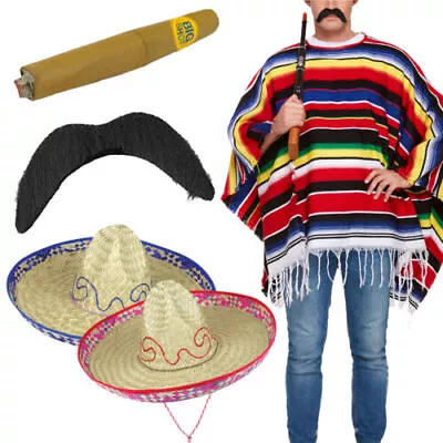 Adult Mexican Poncho Costume Set: Sombrero Hat Fancy Dress Moustache Men Women • £29.95