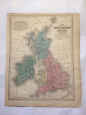 1852 Mitchell Hand Colored Map Great Britain & Ireland 171 Year Antique • $45