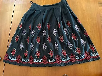 Mexican Rockabilly Black Full Cotton Skirt Red Purple Floral Embroidered Large • $39