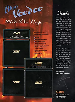 Vtg 90s CRATE BLUE VOODOO TUBE AMPS MAGAZINE PRINT AD Stack Amplifier Pinup Page • $9.99